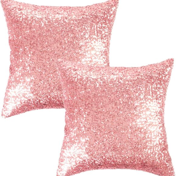 Pink Satin & Sequin Throw Pillow Cases Set of 2 Covers - Picture 1 of 4
